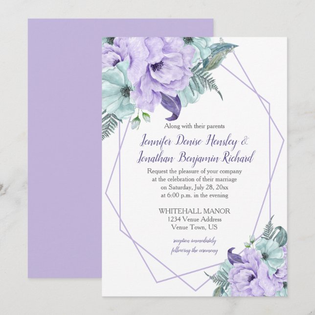 Lavender Mint Lila Geometric Wasserfarbe Peonies Einladung (Vorne/Hinten)