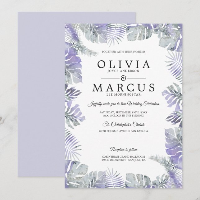 Lavender Mist Watercolor Tropical Blätter Hochzeit Einladung (Vorne/Hinten)