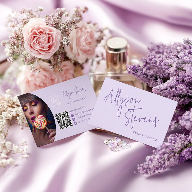 Lavender Modern name script makeup hair logo qr Visitenkarte (Lavender Modern name script makeup hair logo qr Business Card)