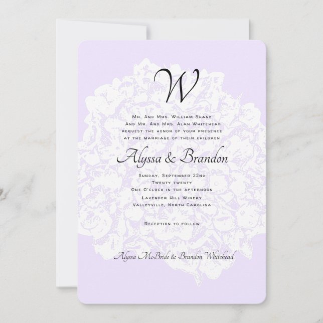 Lavender Monogram Elents Wedding Einladung (Vorderseite)
