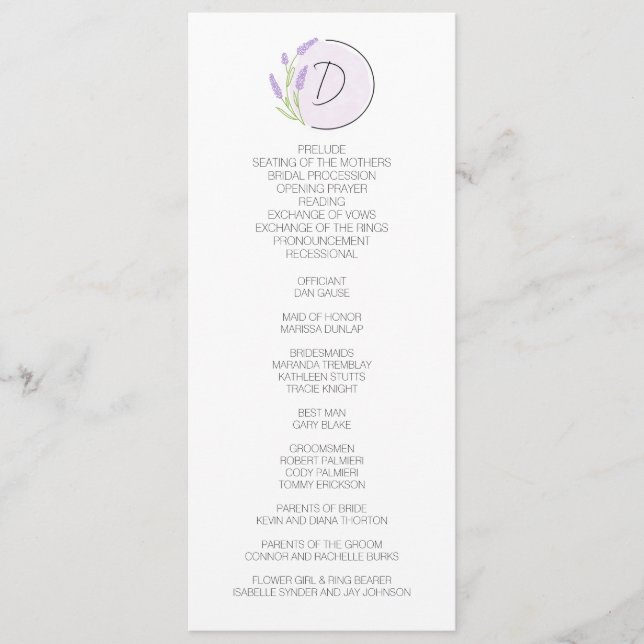 Lavender Monogram Wedding Programm (Vorderseite)