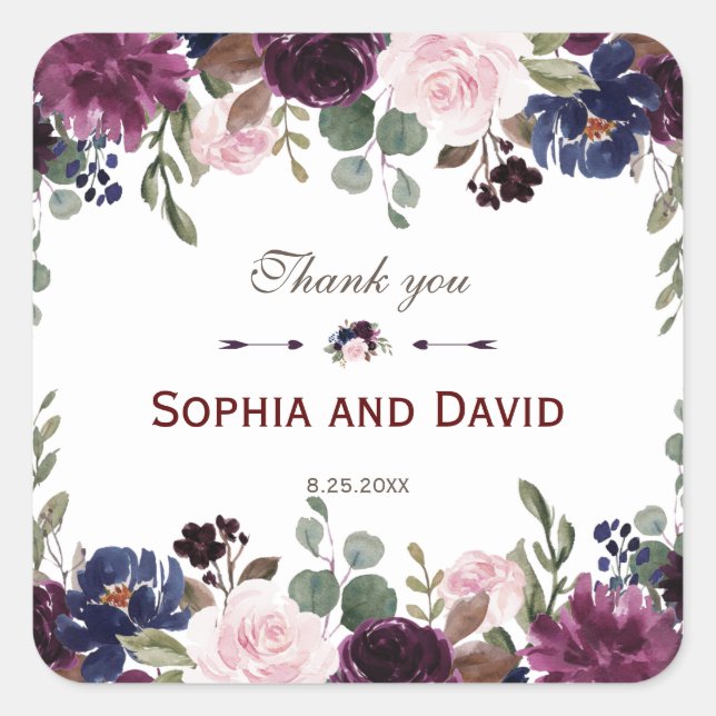 Lavender Navy Blumenblume Hochzeit Quadratischer Aufkleber (Vorderseite)