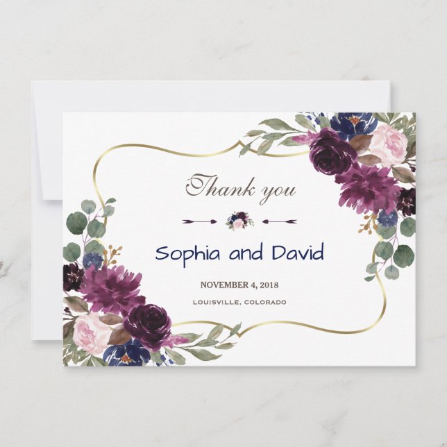 Lavender Navy Gold Floral Bloom Hochzeit Vielen Da Dankeskarte (Vorderseite)
