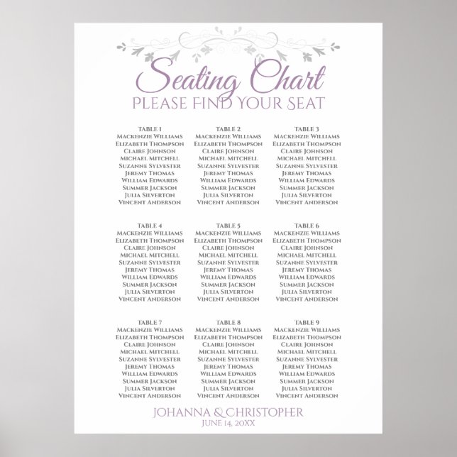 Lavender on White 9 Table Wedding Seating Chart Poster (Vorne)