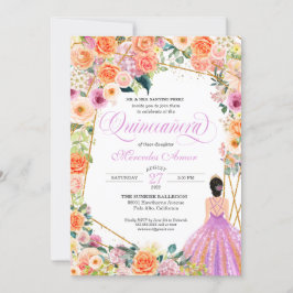 Lavender Orange Peach Floral Rose Quinceanera Einladung