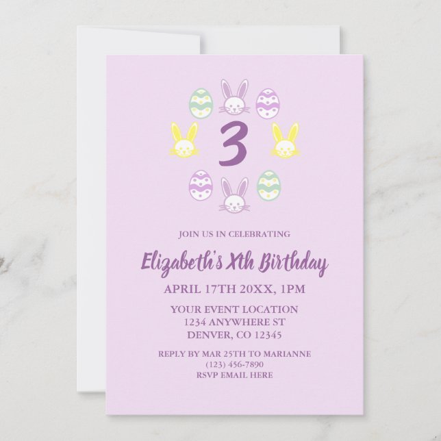 Lavender Oster 3. Geburtstag Einladung (Vorderseite)