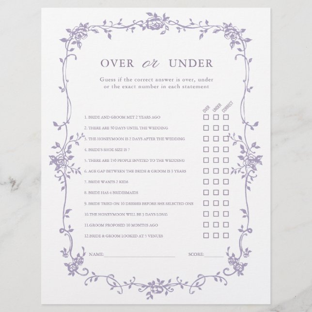 Lavender 'Over or Under' Bridal Shower Game (Vorderseite)