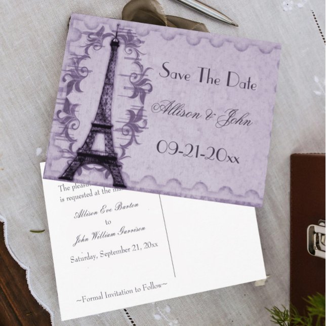 Lavender Paris Grunge Save the Date Postcard Ankündigungspostkarte (Lavender Paris Grunge Wedding Save the Date)