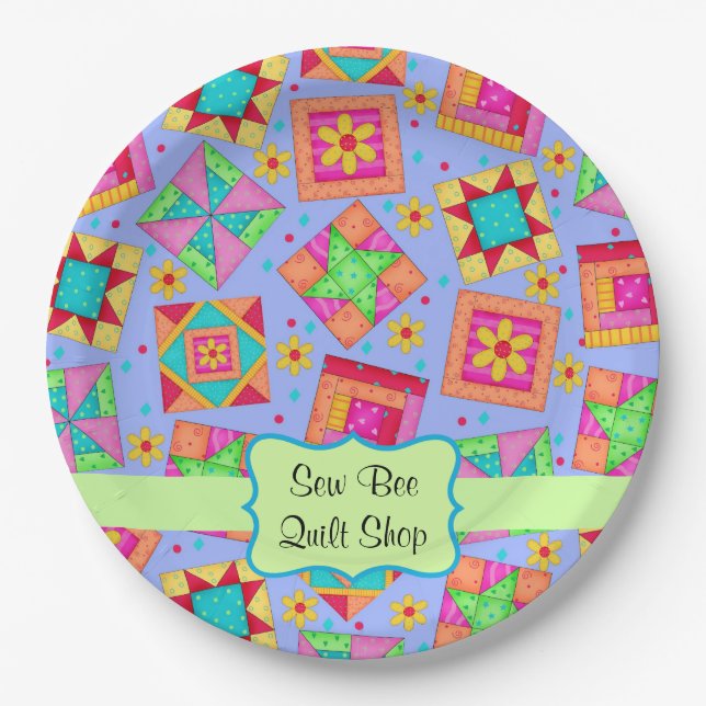 Lavender Patchwork Quilt Blockname Happy Birthday Pappteller (Vorderseite)