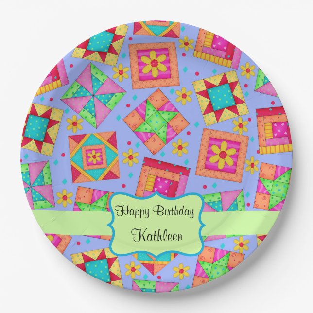 Lavender Patchwork Quilt Blockname Happy Birthday Pappteller (Vorderseite)