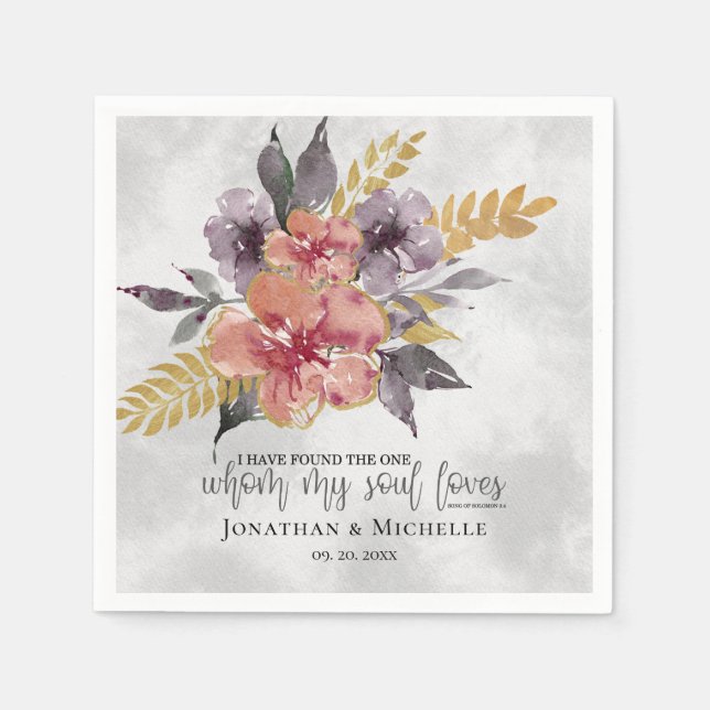 Lavender Peach Gold Floral Bible Verse Hochzeit Serviette (Vorderseite)