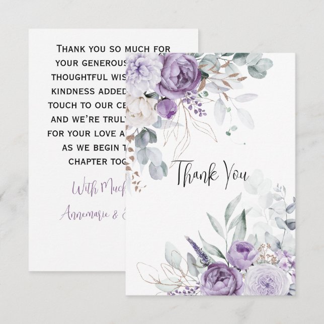 Lavender Peonies and White Roses Wedding Thank You Dankeskarte (Vorne/Hinten)