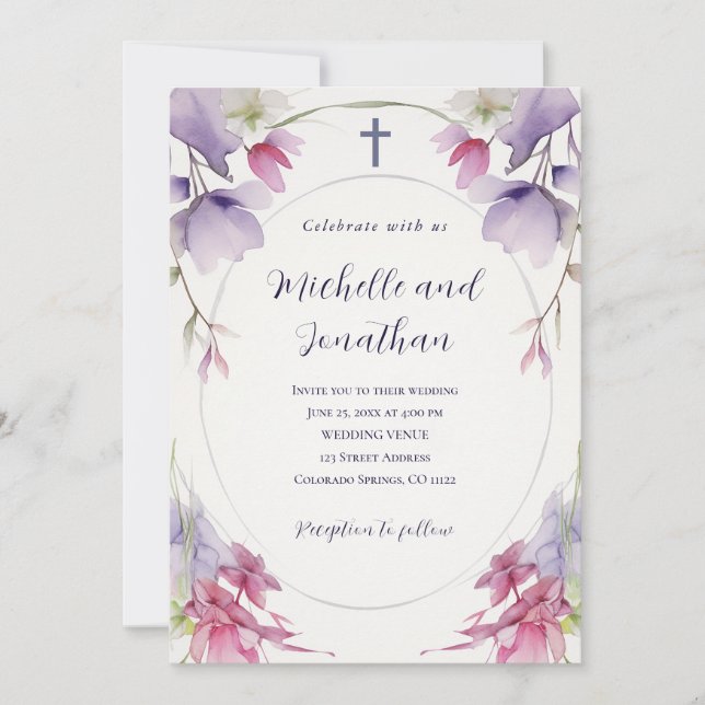 Lavender Pink Bläserbibel Christliche Cross-Hochze Einladung (Vorderseite)