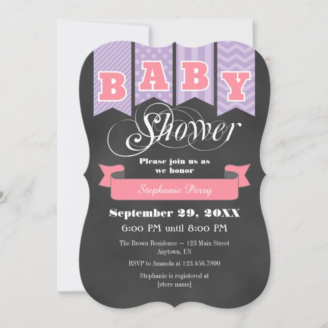 Lavender Pink Chalkboard Flag Baby Dusche einladen Einladung (Vorderseite)
