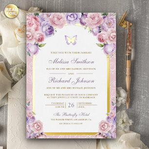 Lavender Pink Floral Arch Butterfly Wedding Gold Folieneinladung