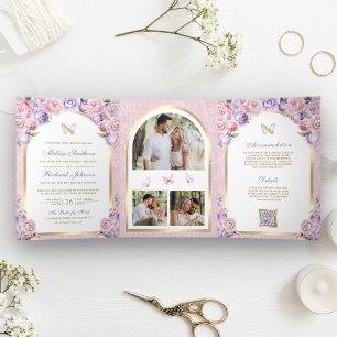 Lavender Pink Floral Gold Arch Butterfly Hochzeit Dreifach Gefaltete Einladung