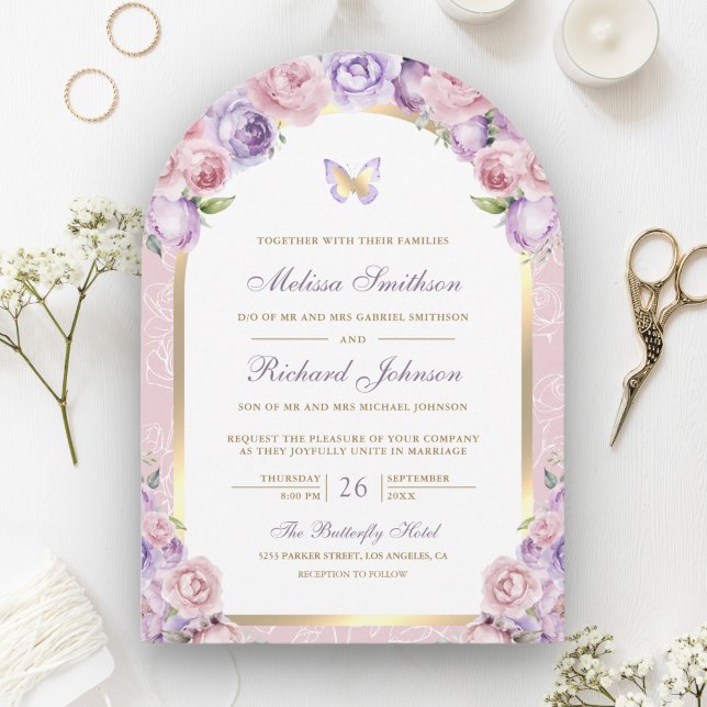 Lavender Pink Floral Gold Arch Butterfly Hochzeit Einladung (Von Creator hochgeladen)