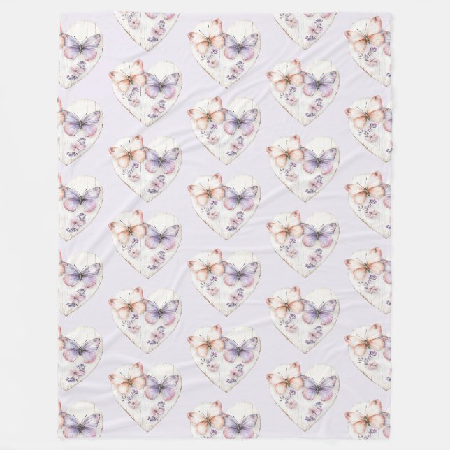 Lavender Pink Floral Heart Butterflies Birthday Fleecedecke (Vorderseite)