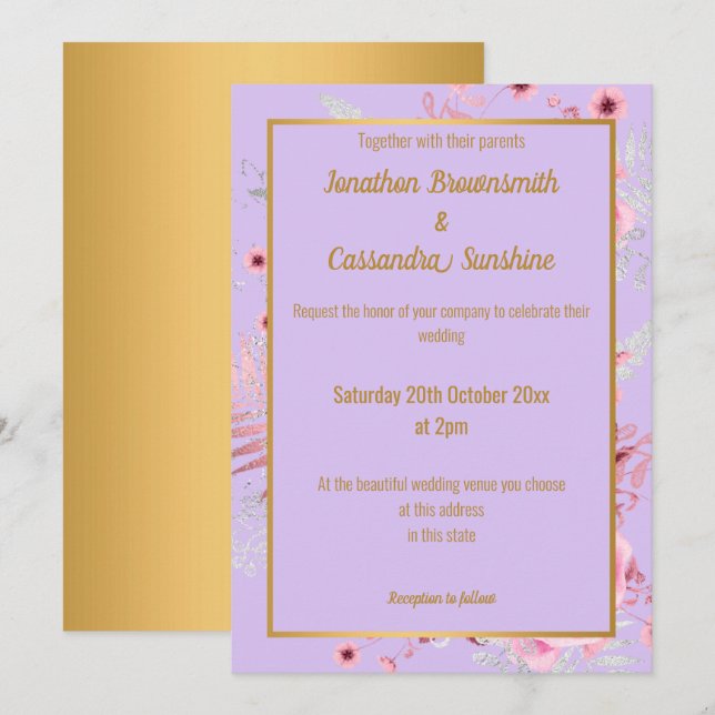 LAVENDER PINK GOLD FLORAL WEDD GOLD INVITATION EINLADUNG (Vorne/Hinten)