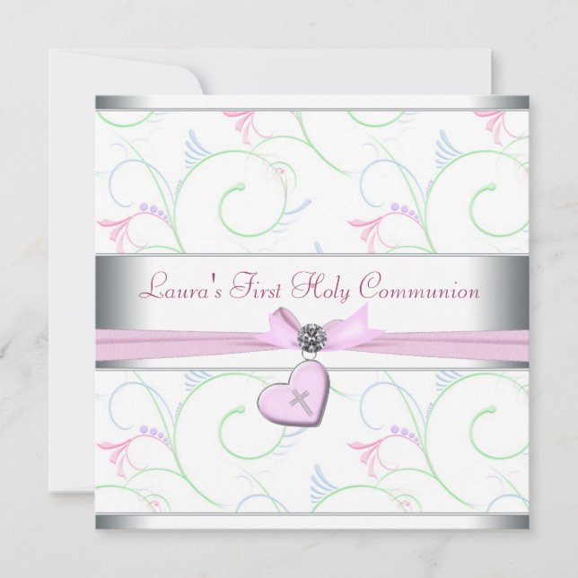 Lavender Pink Herz Rosa Kreuz Erste Kommune Einladung (Vorderseite)