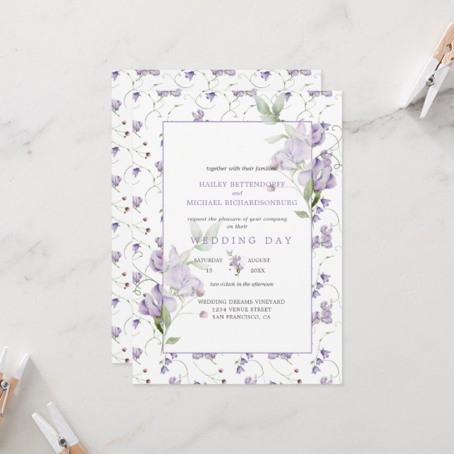 Lavender Platterbsen Einladung Hochzeit (Vorderseite/Rückseite Beispiel)