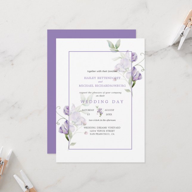 Lavender Platterbsen Einladung zur Blumenhochzeit (Vorderseite/Rückseite Beispiel)
