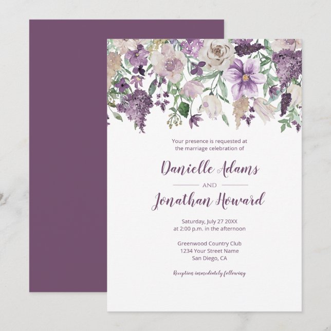 Lavender Plum Lila Cream Floral Bouquet Wedding Einladung (Vorne/Hinten)