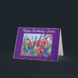Lavender Poppies Sister Birthday Blume Wasserfarbe Karte<br><div class="desc">Genießen Sie ein Aquarellbild eines fröhlichen Gartens auf einer Geburtstagskarte für Ihre Schwester. Ideal für Blume- und Gärtnerfreunde. Der kreative Stil mit bunten Mohnblüten,  wilden Rose und Lavendel zeigt einen fröhlichen und hübschen Garten. Abstrakte Blume sind in schönen Rot-,  Rose-,  Blau- und lila Blüten gestaltet.</div>