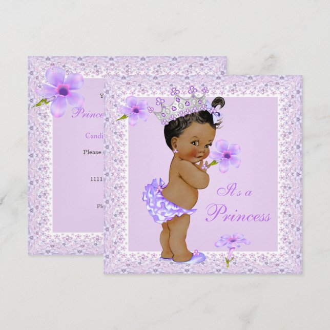 Lavender Princess Baby Dusche Afroamerikaner Einladung (Vorne/Hinten)