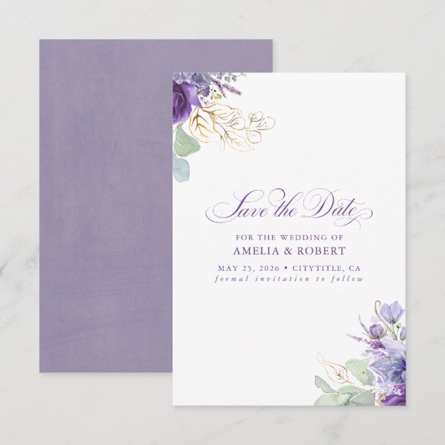 Lavender Purple Botanical Elegant Save the Date (Vorne/Hinten)