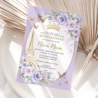 Lavender Purple Floral Butterflies Quinceañera 16 Einladung