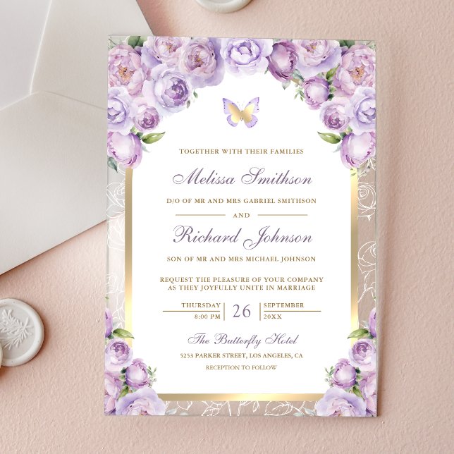 Lavender Purple Floral Gold Arch Butterfly Wedding Acryleinladungen (Von Creator hochgeladen)