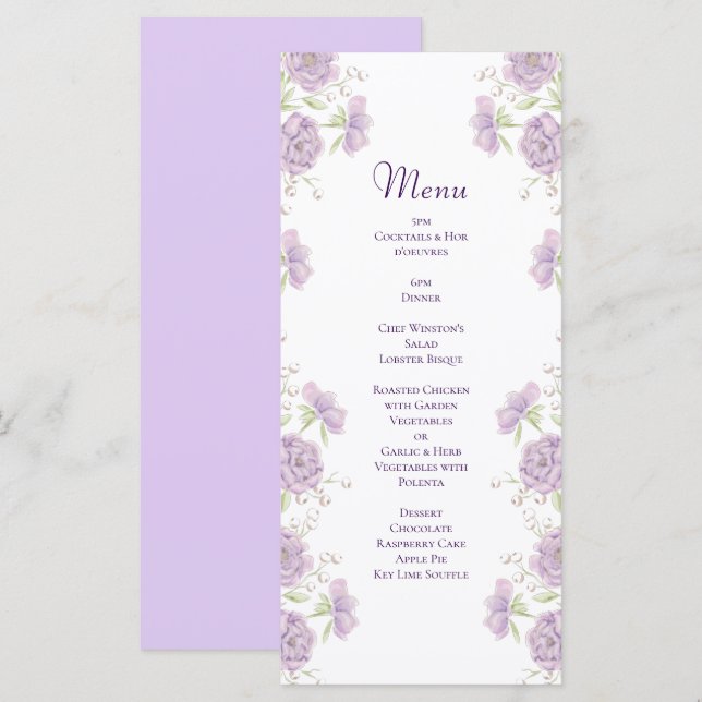 Lavender Purple Rose Wedding Menus (Devant / Derrière)
