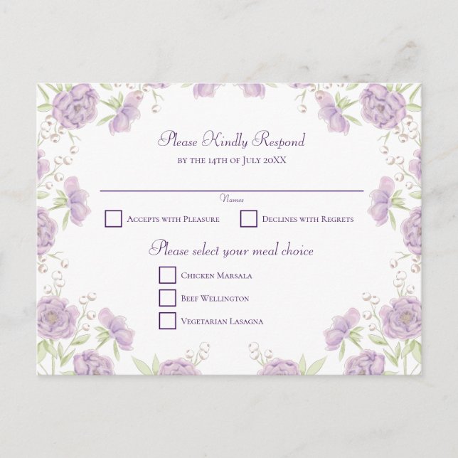 Lavender Purple Rose Wedding RSVP Feiertagspostkarte (Vorderseite)