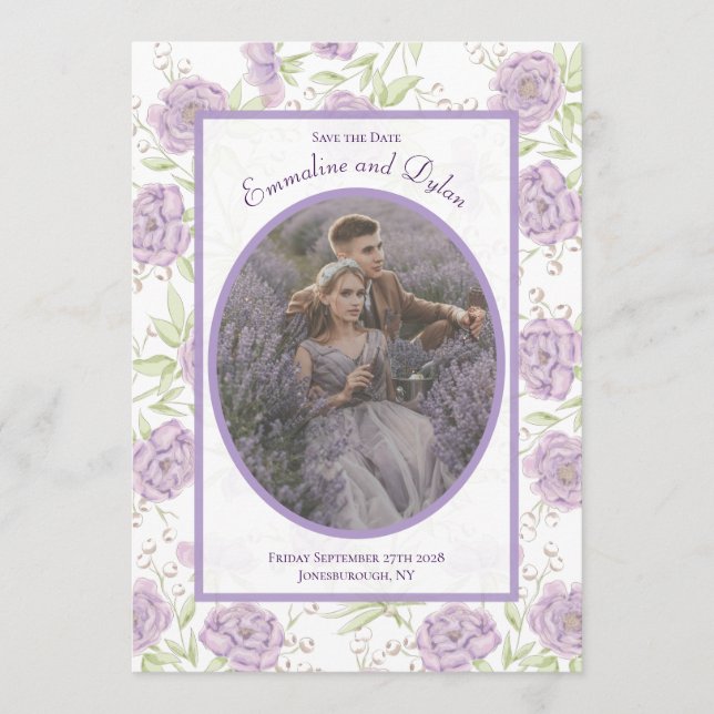 Lavender Purple Rose Wedding Save the Date Einladung (Vorderseite)