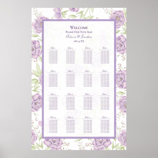 Lavender Purple Rose Wedding Seating Chart Poster (Vorne)