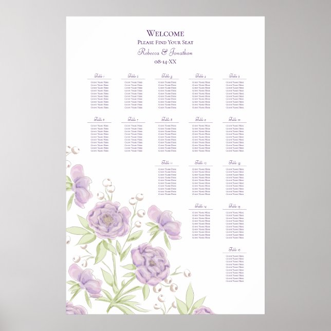 Lavender Purple Rose Wedding Seating Chart Poster (Vorne)