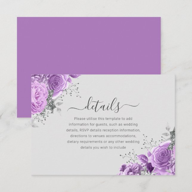 Lavender Purple & Silver Floral Wedding Details Begleitkarte (Vorne/Hinten)