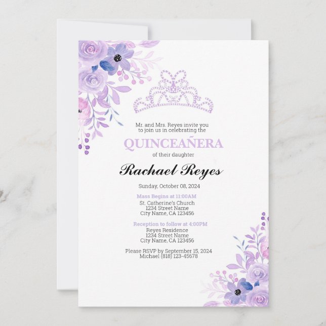 Lavender Quinceañera Birthday Einladung Vorlage (Vorderseite)