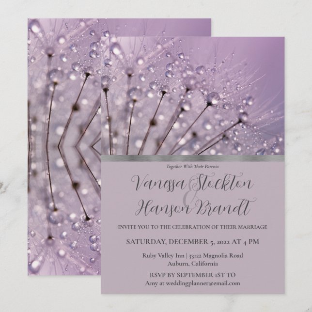 Lavender Raindrops Hochzeitseinladung Einladung (Vorne/Hinten)