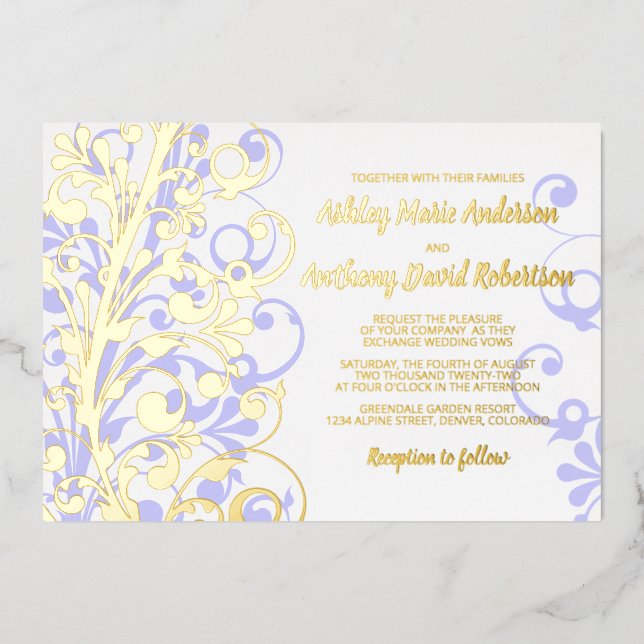 Lavender Real Gold Foil Bloral Wedding Folieneinladung (Vorderseite)
