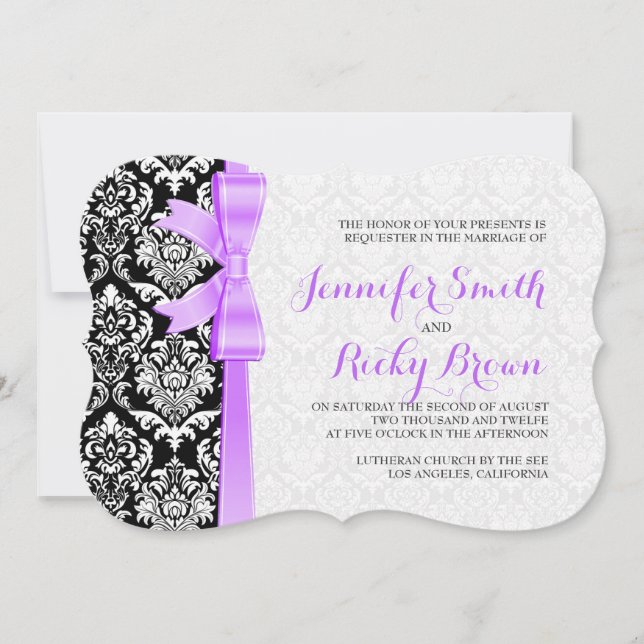 Lavender Ribbon Schwarz-Weiß Damaskus Hochzeit Einladung (Vorderseite)