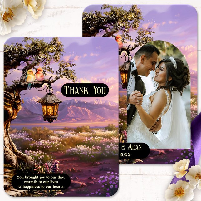 Lavender Romantic Art Foto Hochzeit Danke-Card Dankeskarte (Wedding  photo Thank You card featuring a lavender landscape at sunset with lantern and love birds)
