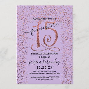 Lavender Rose Gold Confetti Border Quinceañera Einladung