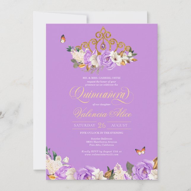 Lavender Rose Gold Tiara Butterfly Quinceanera Einladung (Vorderseite)