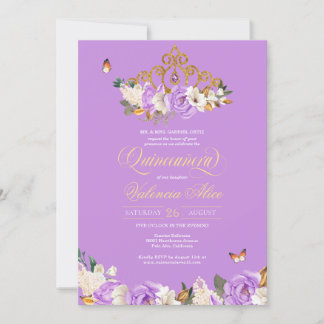 Lavender Rose Gold Tiara Butterfly Quinceanera Einladung