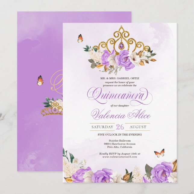 Lavender Rose Gold Tiara Lila Butterfly Quince Einladung (Vorne/Hinten)