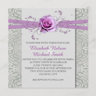 Lavender Rose Gray Silver Damask Wedite Einladung