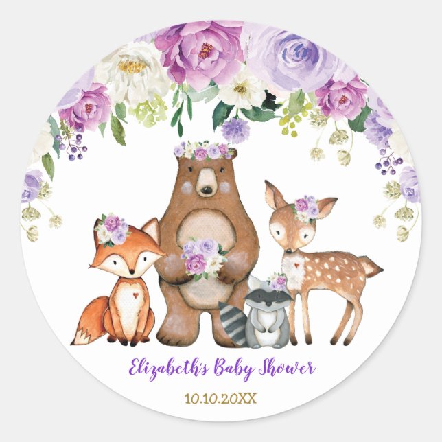 Lavender Rose Peony Woodland Baby Showday Runder Aufkleber (Vorderseite)