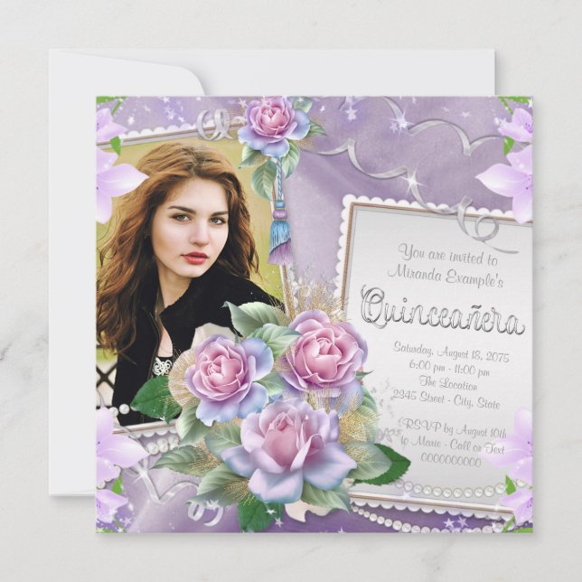 Lavender Rose Quinceanera Einladung (Vorderseite)